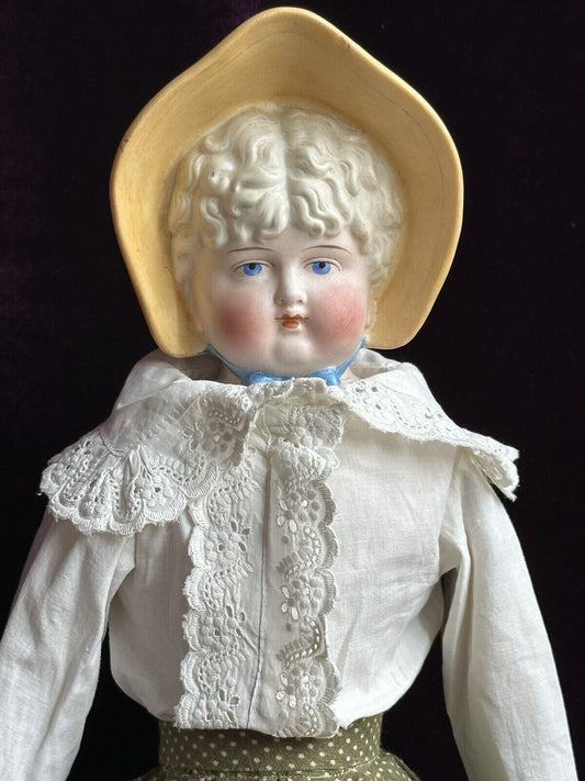 Rare Large Antique German 23” Hertwig (?) Molded Bonnet Bisque Head Parian Doll