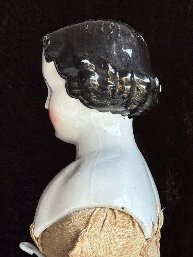 Large Antique German 27” Highbrow Flat Top Brunette China Fashion Doll