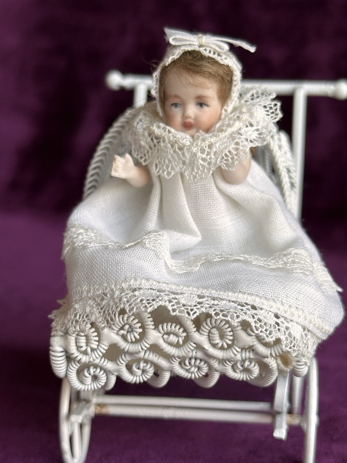 All Porcelain Signed Miniature Hilda (?) Dollhouse Baby Doll in Metal Buggy