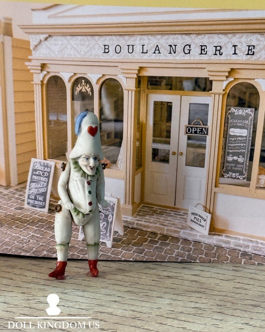 Antique German 2.75” All Bisque Mignonette Dollhouse Punchinello Character Doll