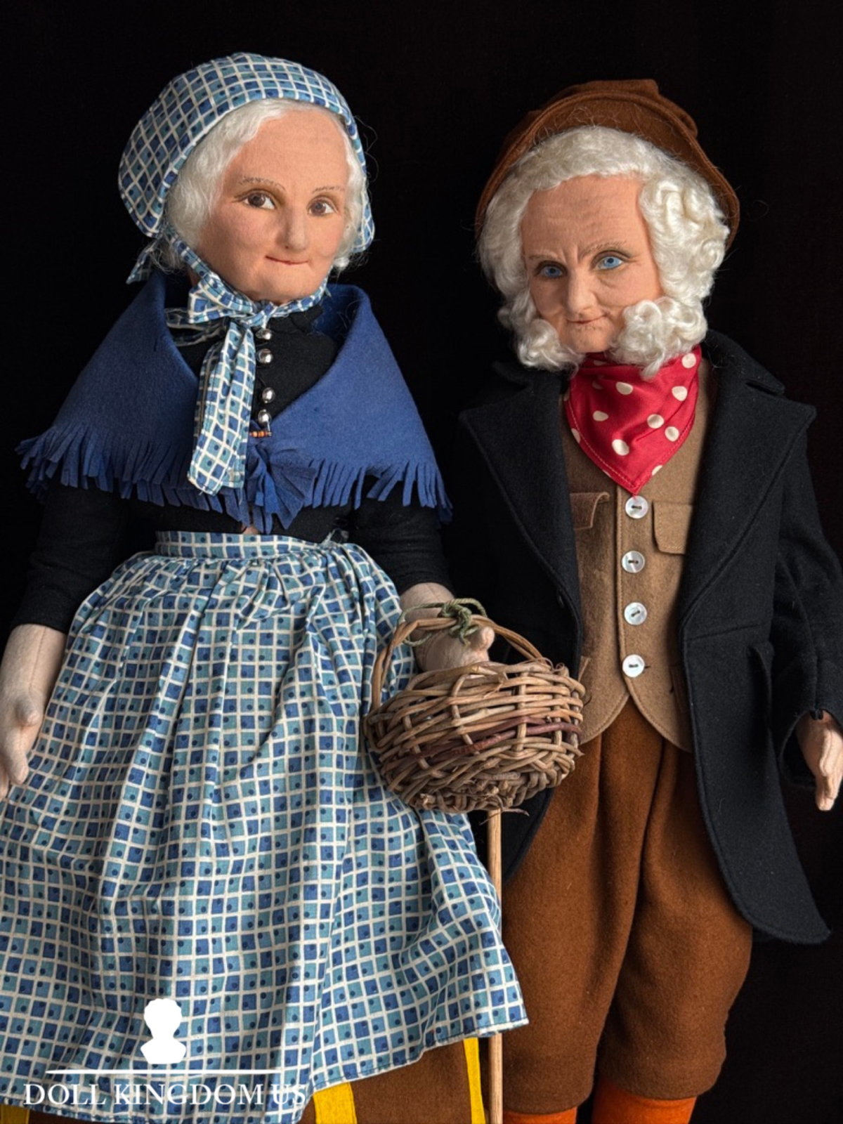 2 Large Vintage English Norah Wellings 25" Felt Cloth Elderly Couple Dolls