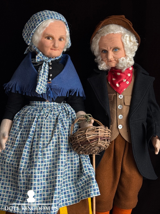 2 Large Vintage English Norah Wellings 25" Felt Cloth Elderly Couple Dolls
