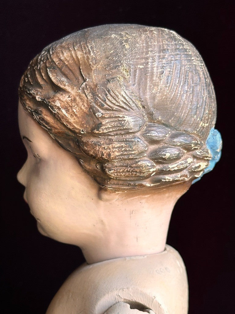 Antique American 16” Schoenhut 102 Series Wooden Doll Carved Braided Hair Bow