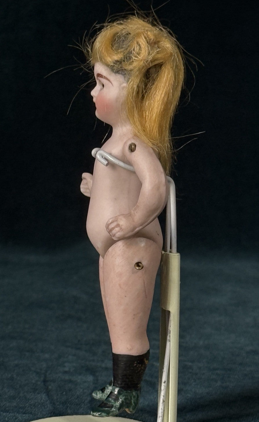 Antique German 4” All Bisque Mignonette Dollhouse Doll Unusual Green Boots