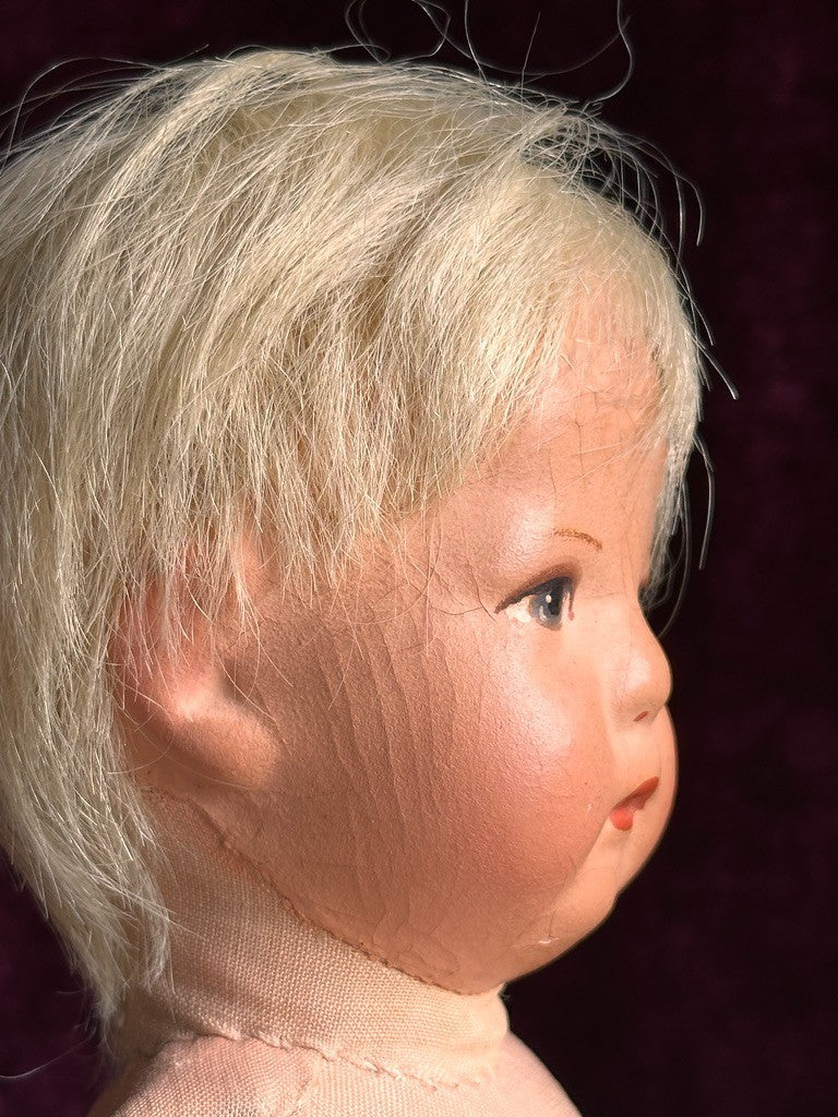 Antique German 14.” Early Kathe Kruse Hampelchen Cloth Doll Human Hair Wig
