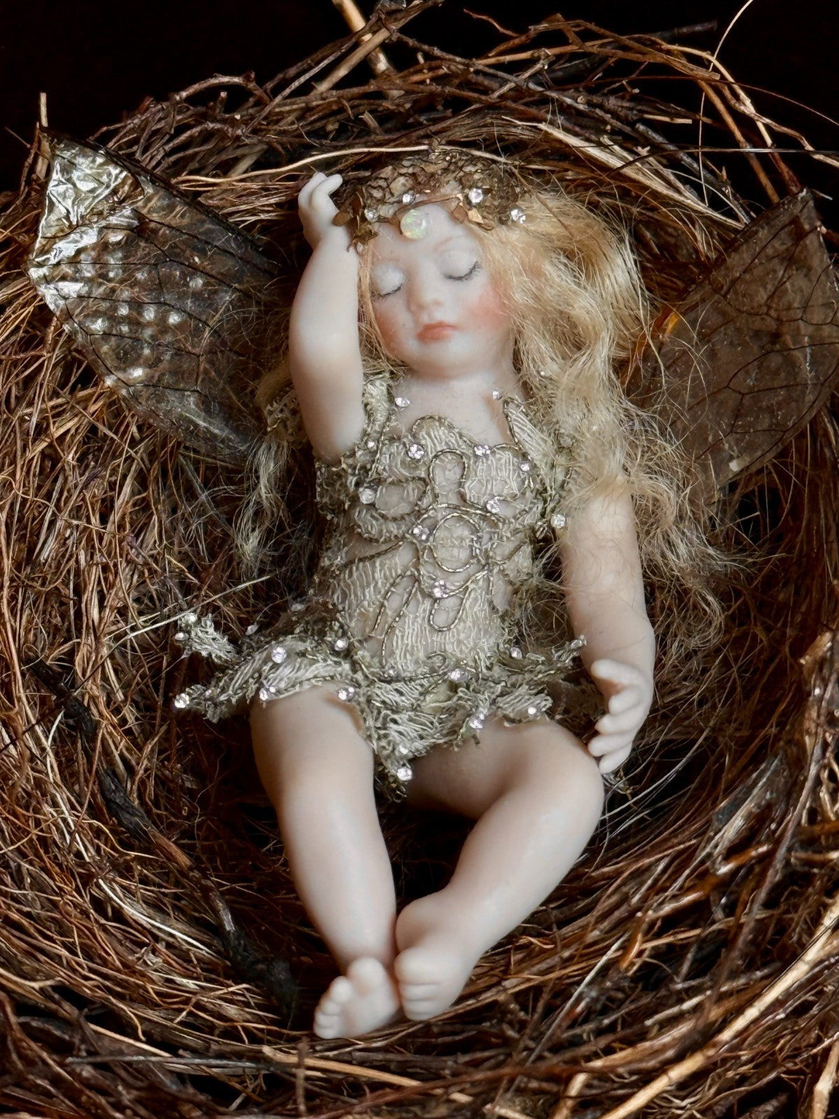 OOAK Miniature Susan Snodgrass Contemporary Artist Porcelain Fairy Doll in Nest
