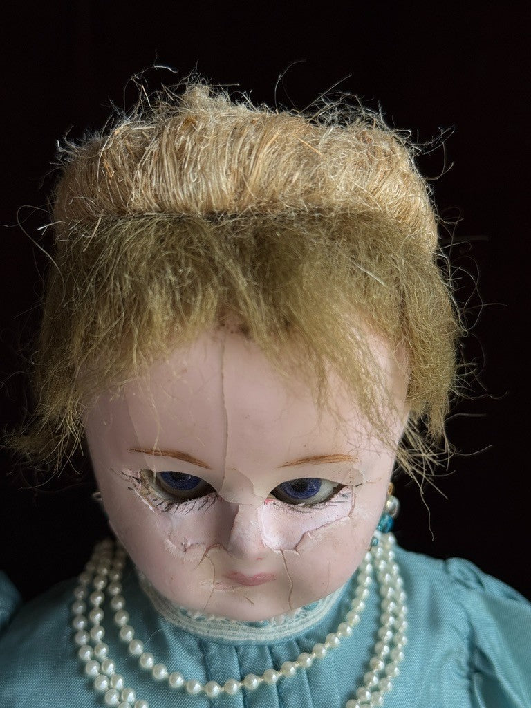 Antique German 16” Wax over Papier Mache Shoulder Head Cloth Body Fashion Doll