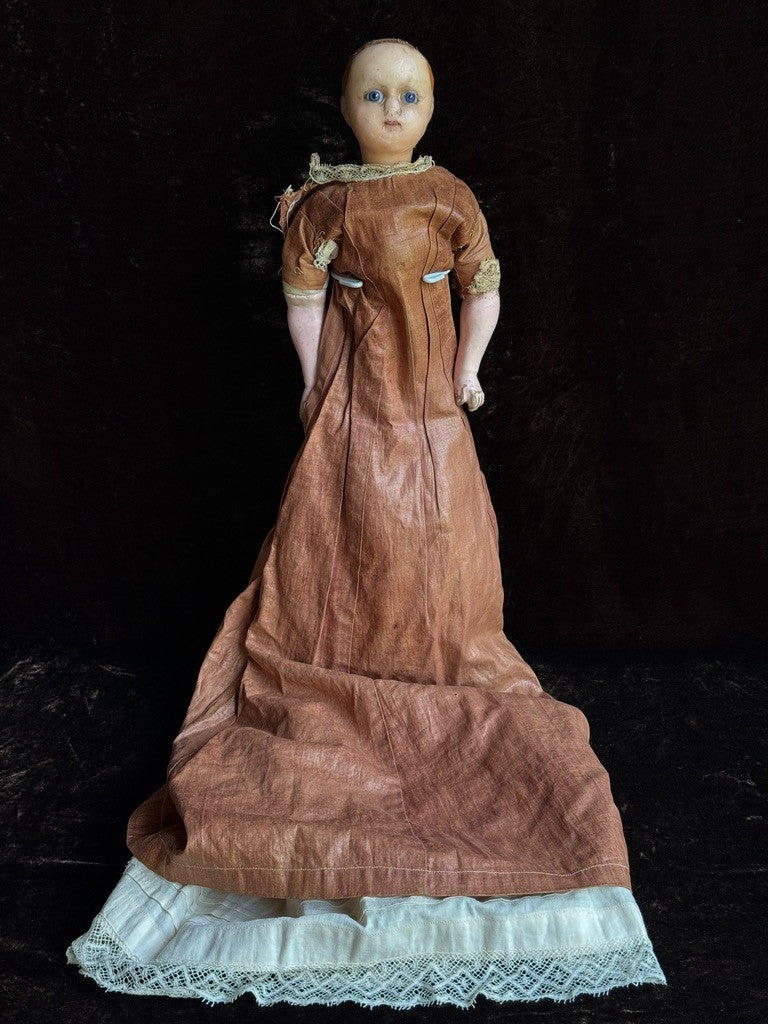 Rare Antique German 17” Mechanical Wax Doll Toy