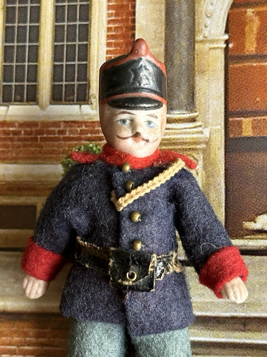 Antique German Bisque 2.875” Soldier Molded Hat Miniature Dollhouse Soldier Doll