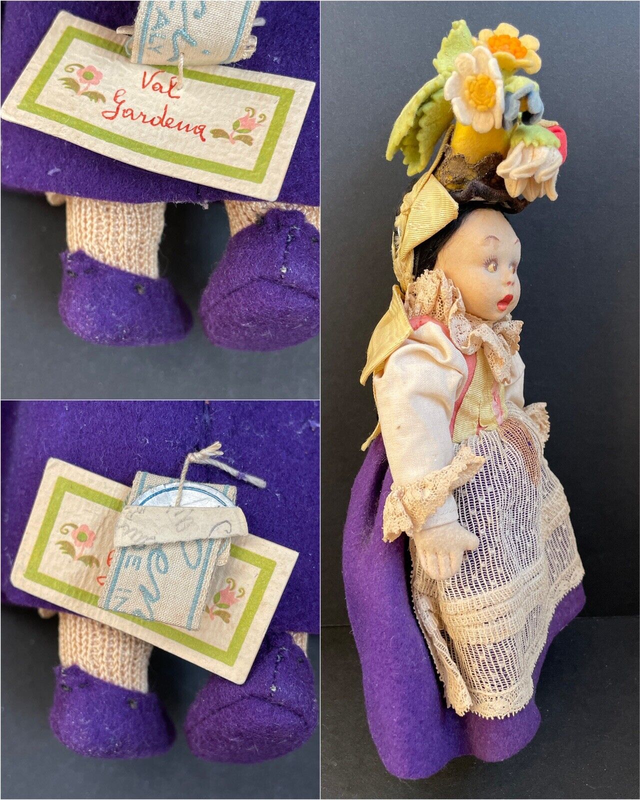 Antique Italian Miniature Lenci Felt/Cloth Doll with Flower Pot Val Gardena