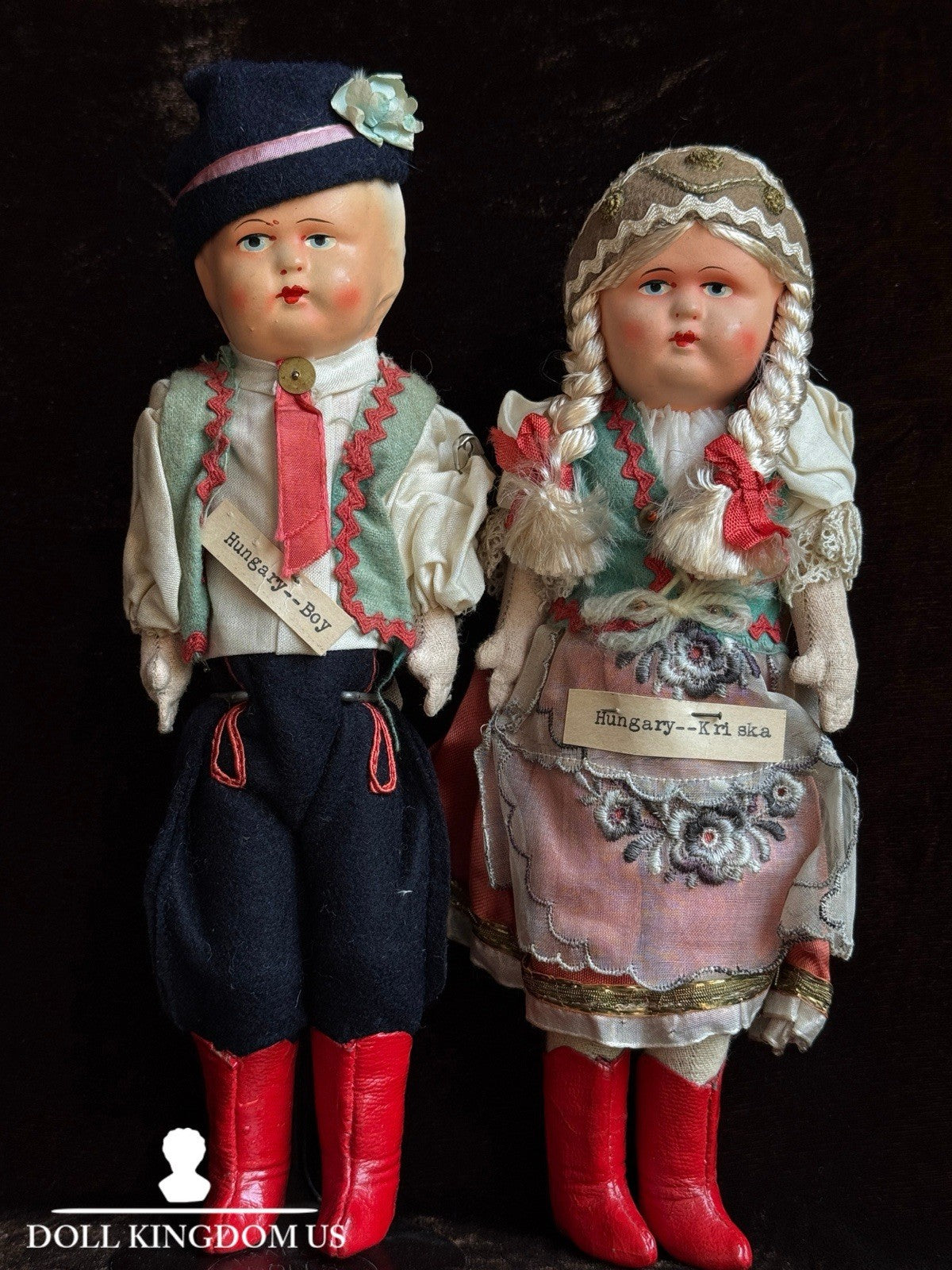 Lot of 2 Vintage Hungarian 9.5” Boy and Girl Dolls in Traditional Costumes