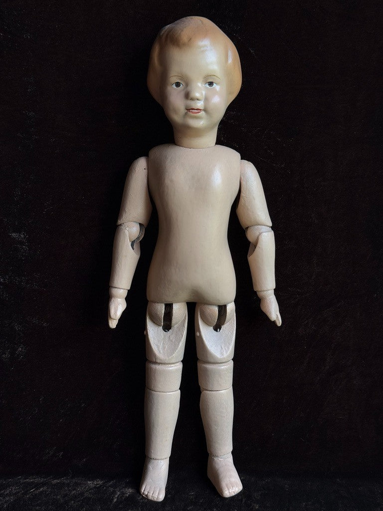 Antique American 15” Schoenhut 101 Wooden Jointed Girl Doll Molded Bow Restored