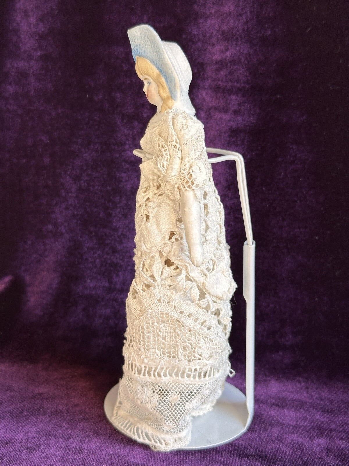 Antique German Miniature  7.5” Hertwig Molded Hat Parian Bisque Head China Doll