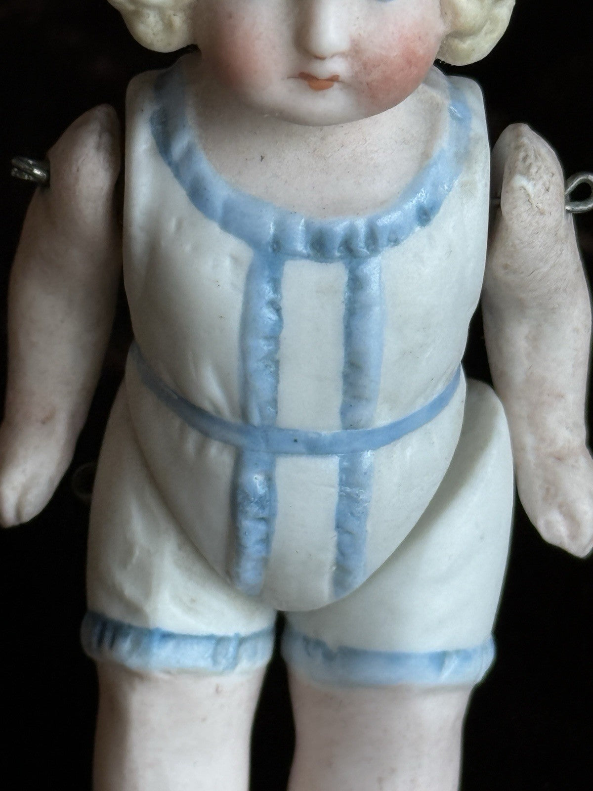 Antique German 4” All Bisque Miniature Dollhouse Doll Molded Outfit