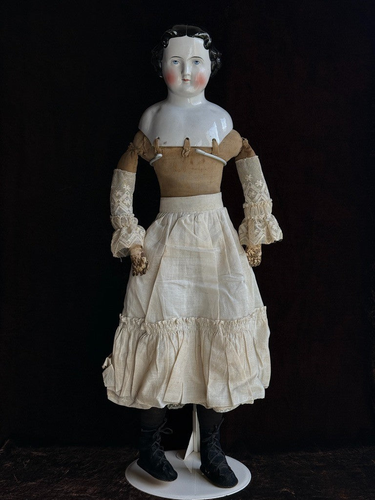 Large Antique German 27” Highbrow Flat Top Brunette China Fashion Doll