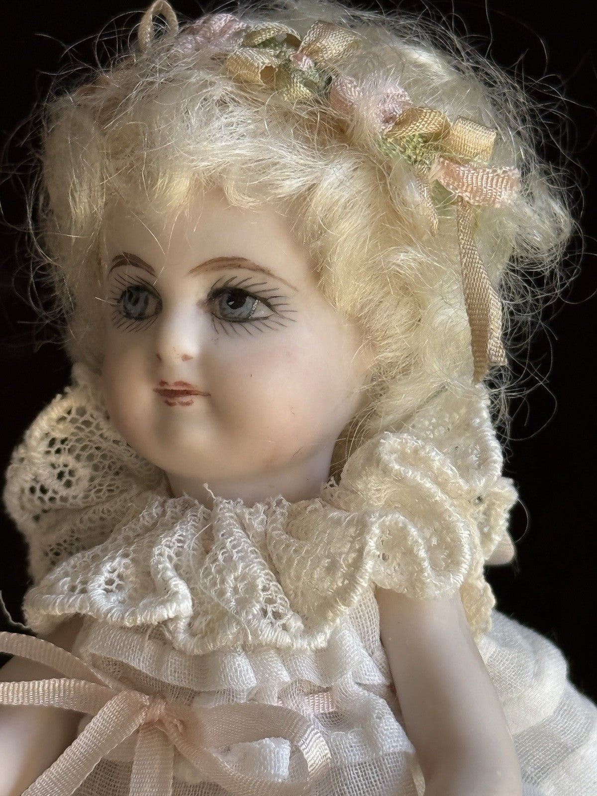 Miniature 5.25” Cathy Hansen Porcelain Repro Antique Mignonette Dollhouse Doll