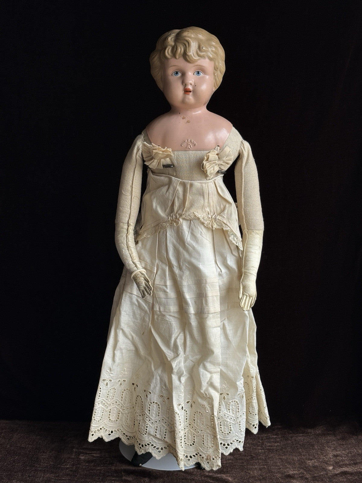 Antique German 24” Minerva Metal Tin Head Fashion Doll