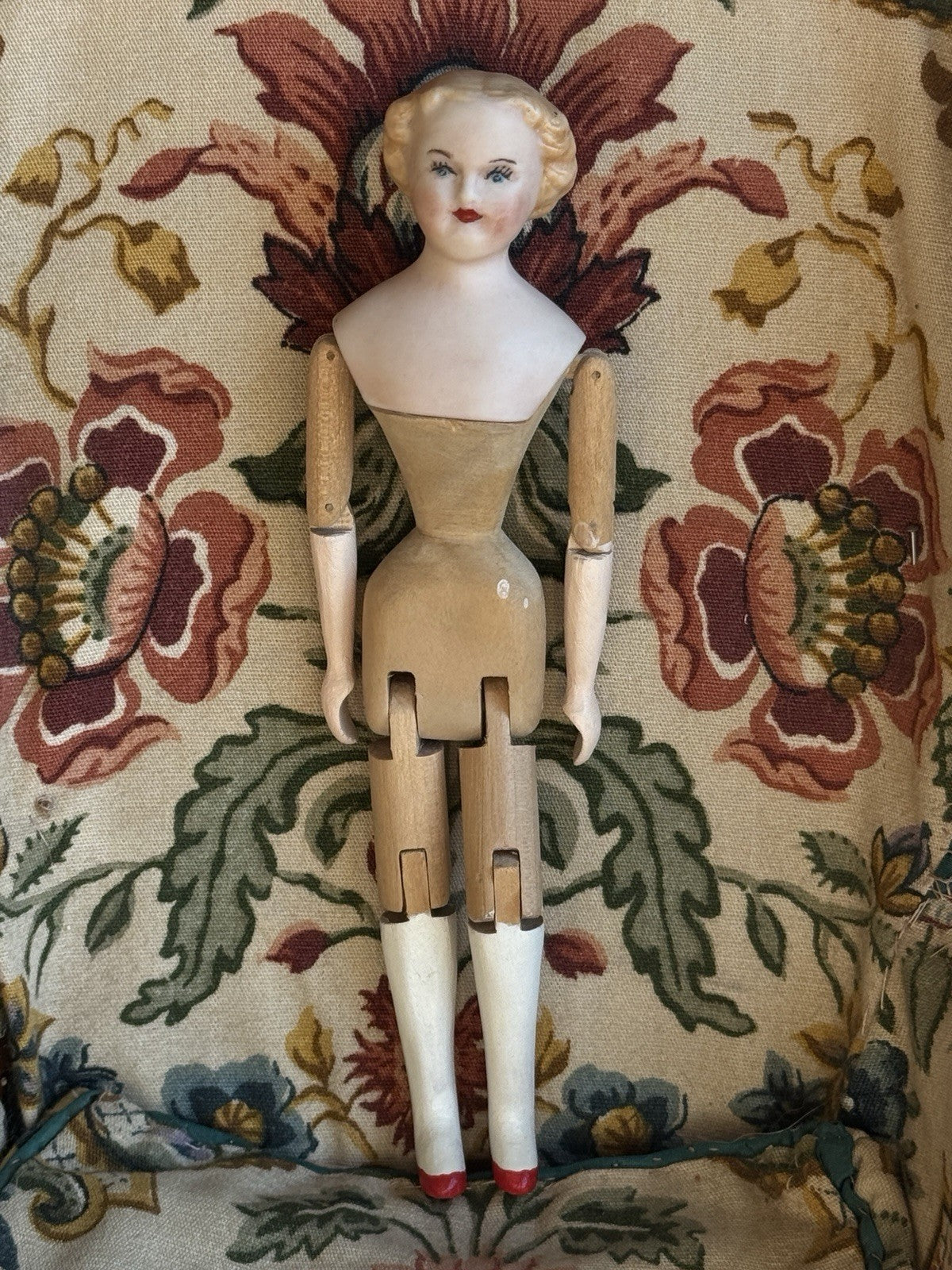 Vintage 5.5” Miniature Reproduction Porcelain Head Wood Body Dollhouse Doll