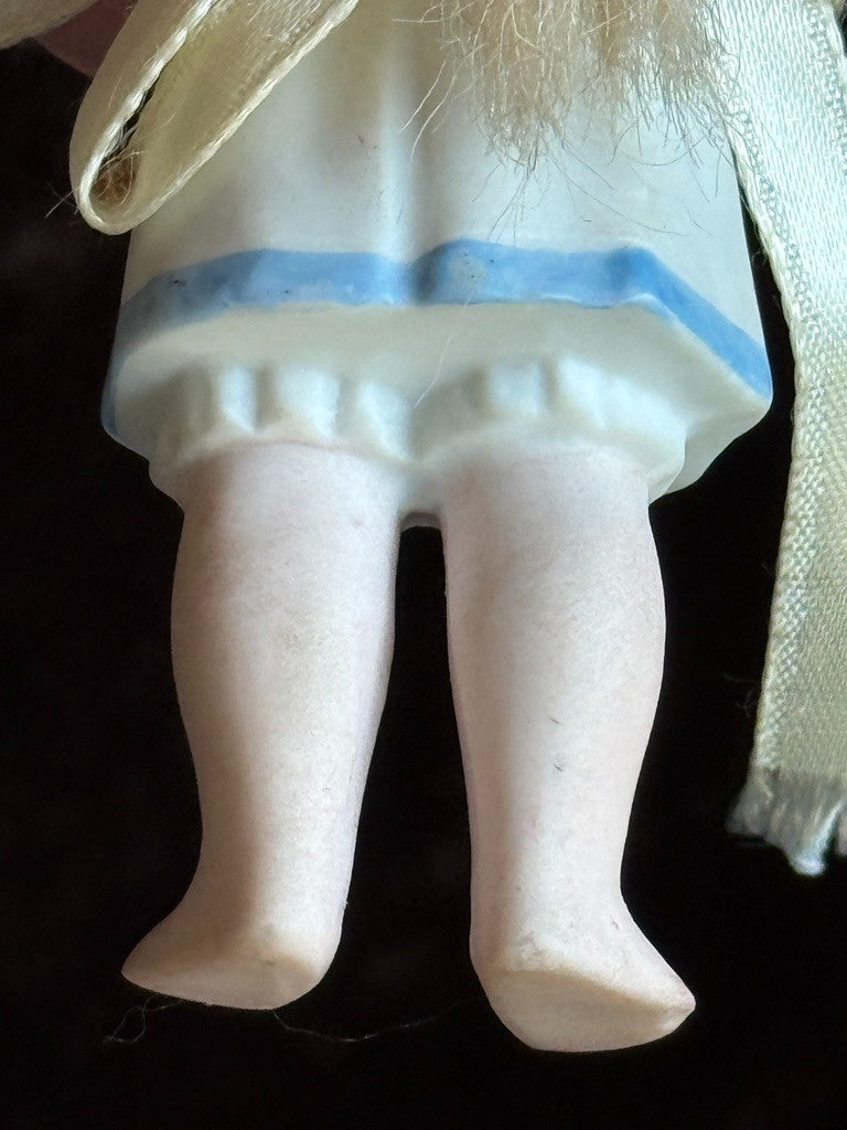 Lot of 2 Antique German 4" All Bisque Miniature Dollhouse Dolls Molded Dresses