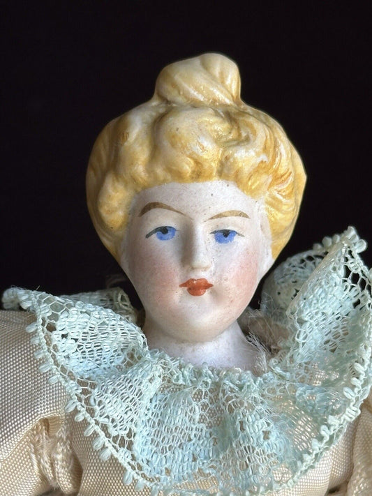 Antique German Miniature Dollhouse 6.25” Bisque Head Parian Female Doll with Bun