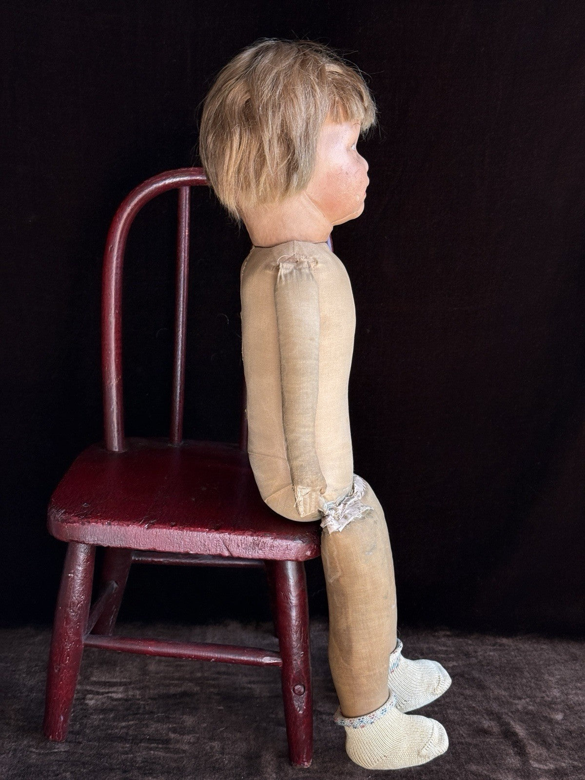 Antique American 18.5” Kamkins Cloth Oil Painted Doll