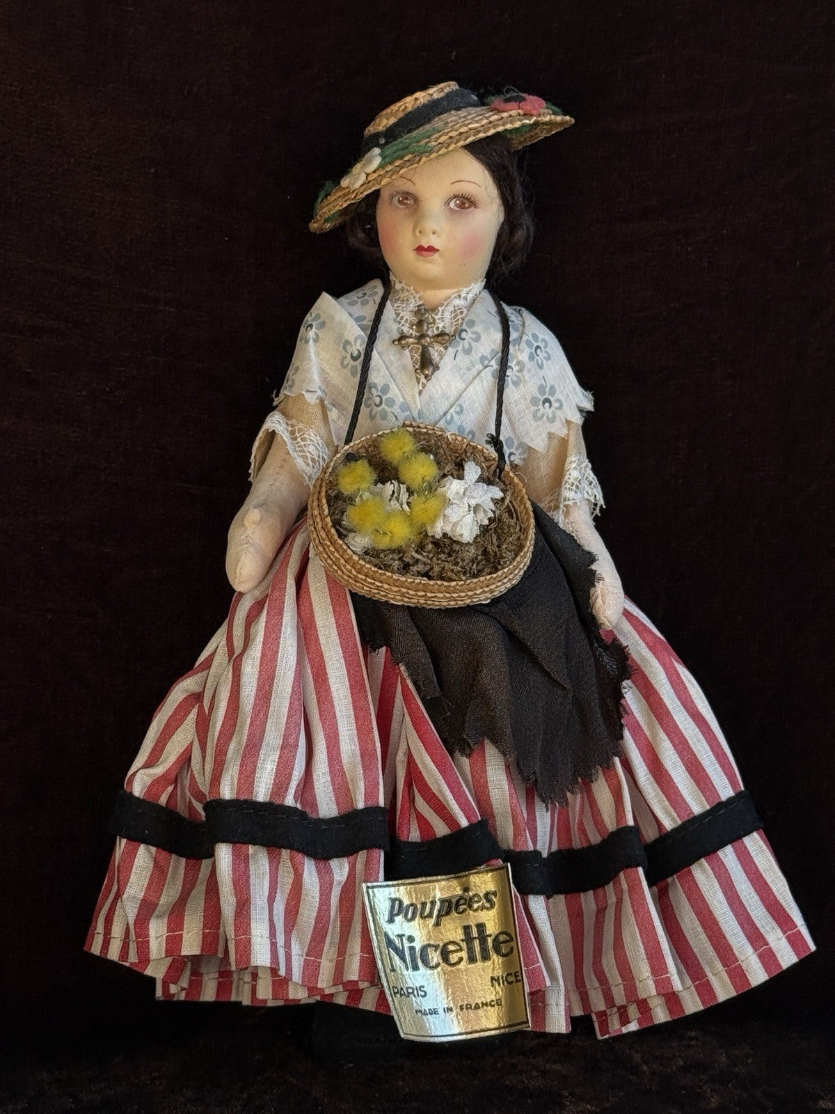 Vintage French 9” Nicette Cloth Felt Traditional Character Doll with Tag