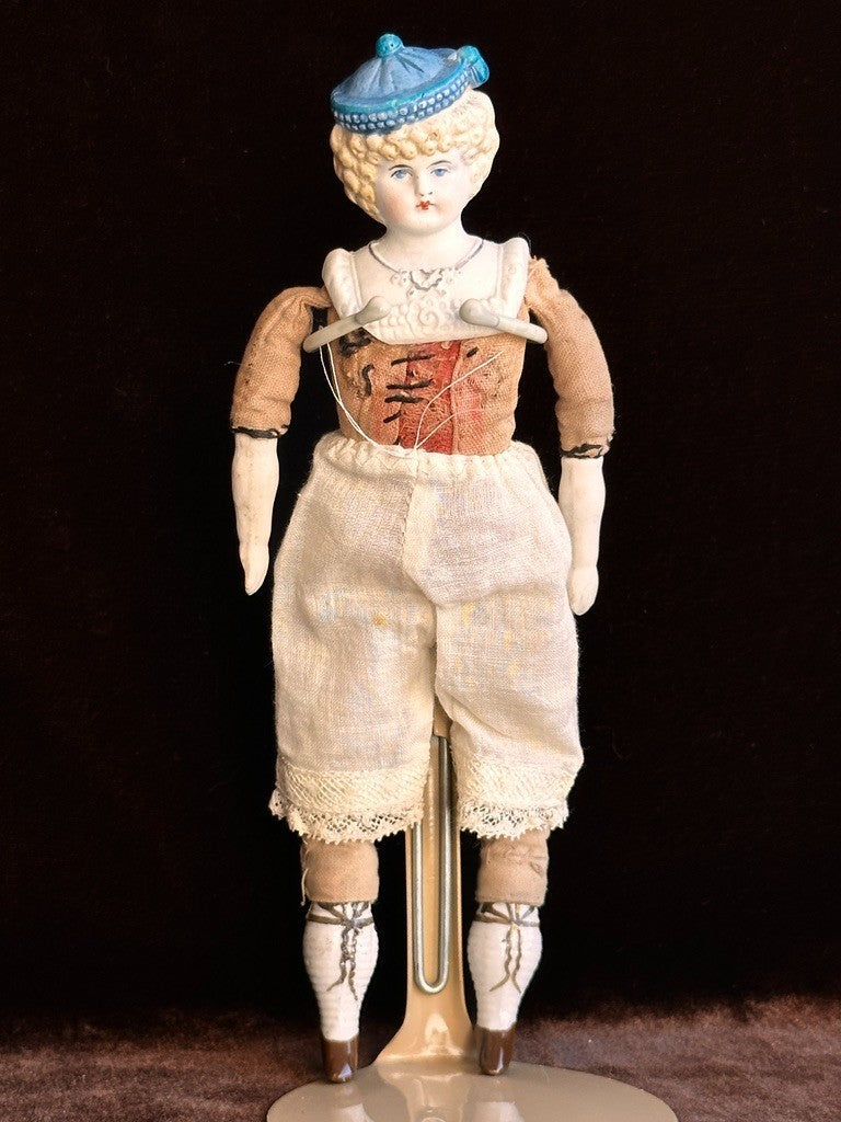 Antique German Hertwig Cabinet Size 8” Bisque Molded Shoulder Plate and Hat Doll