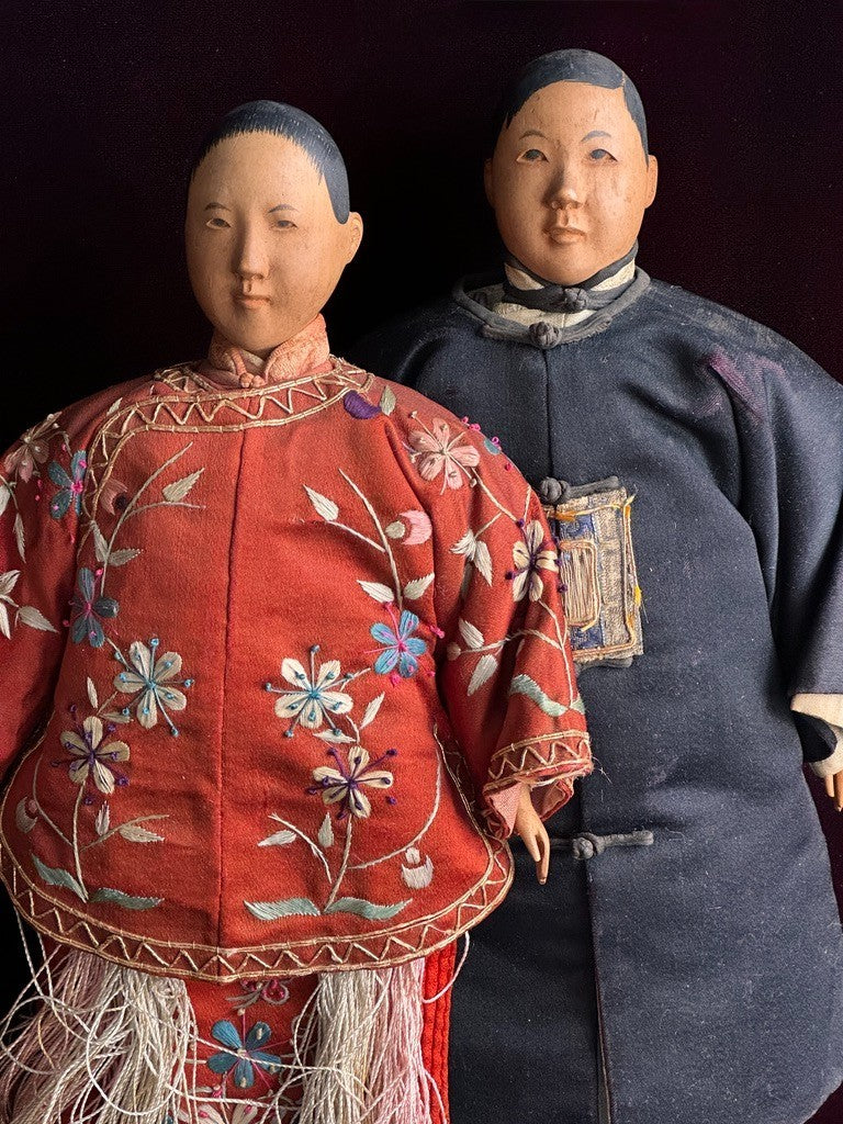 Pair of Antique Door of Hope Mission Carved Wood Cloth Bride and Groom Dolls