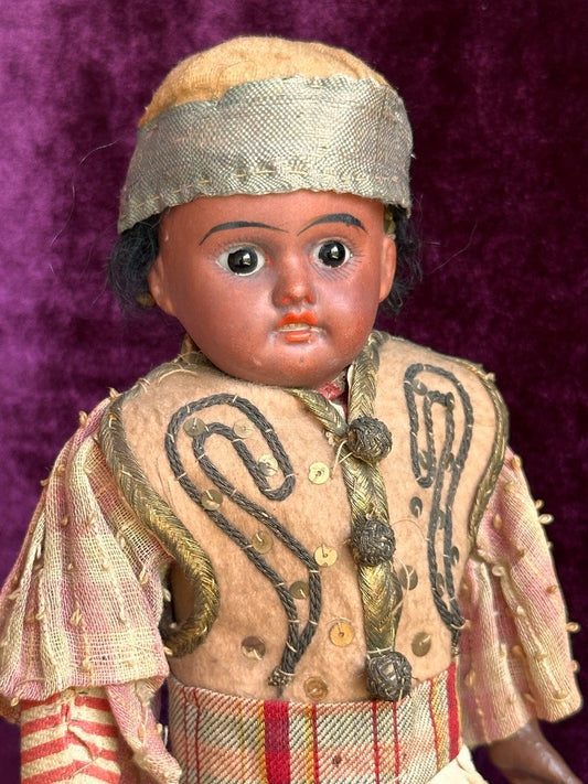 Unidentified Antique German 11” Dark Complexion Bisque Head Boy Doll