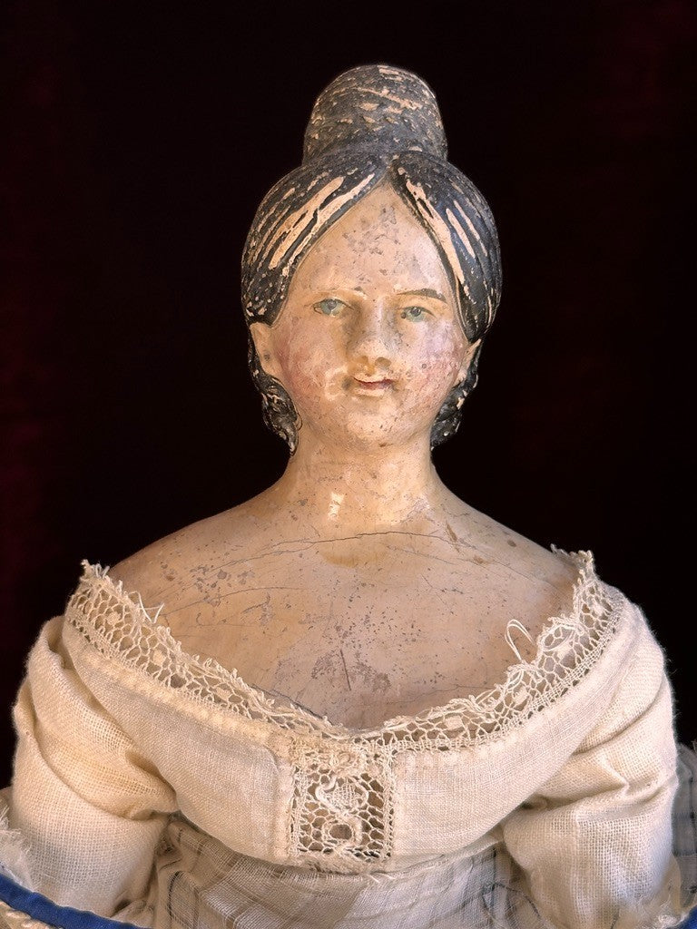 Early Antique German 12” Papier Mache Milliner’s Model Doll with Bun