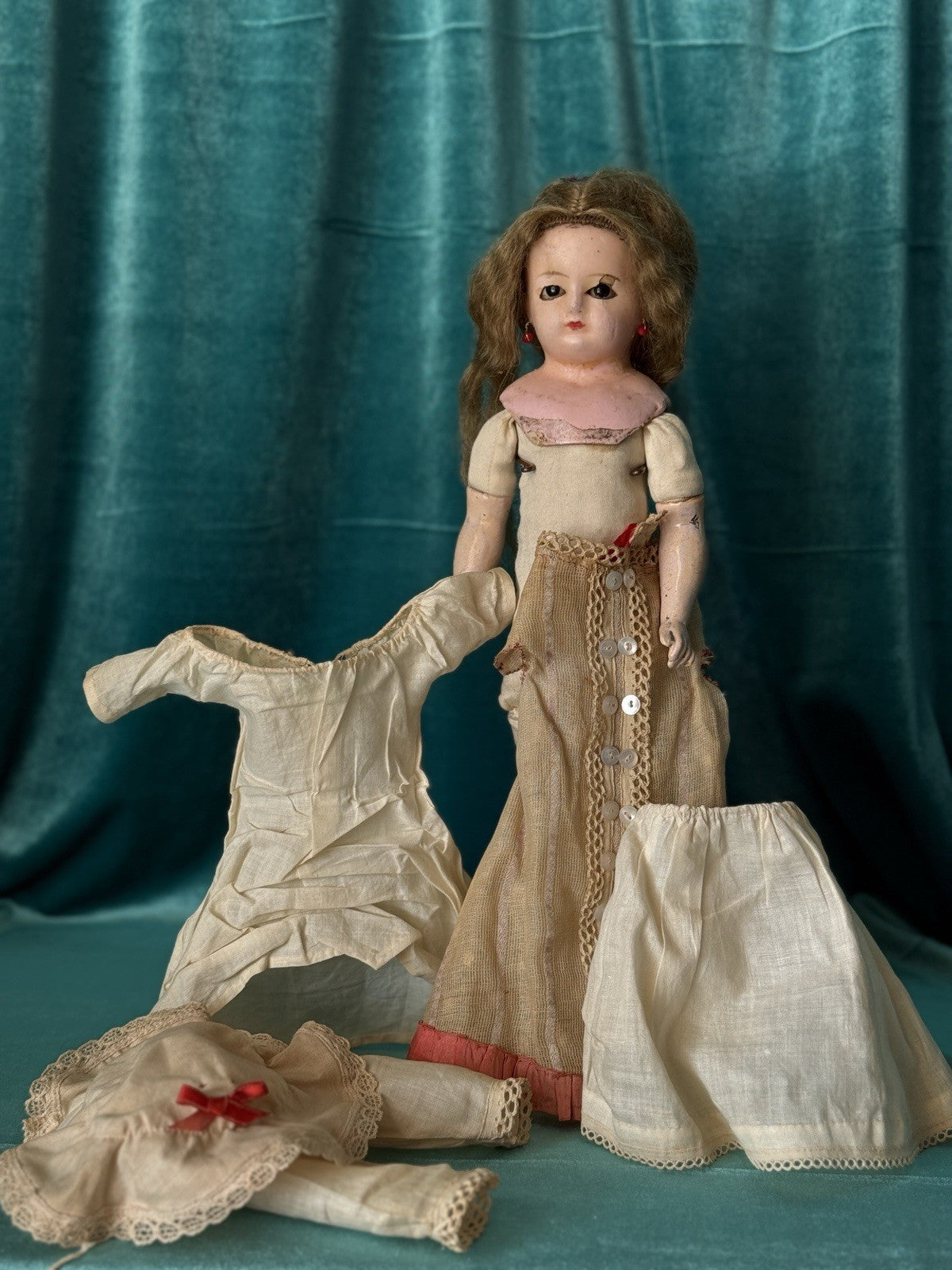 Antique German Wax Paper Mache 13” Doll with Glass Sleepy Eyes