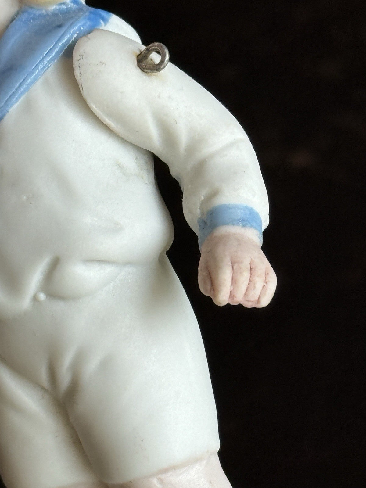 Antique German 4.25” All Bisque Miniature Dollhouse Doll Molded Sailor Outfit