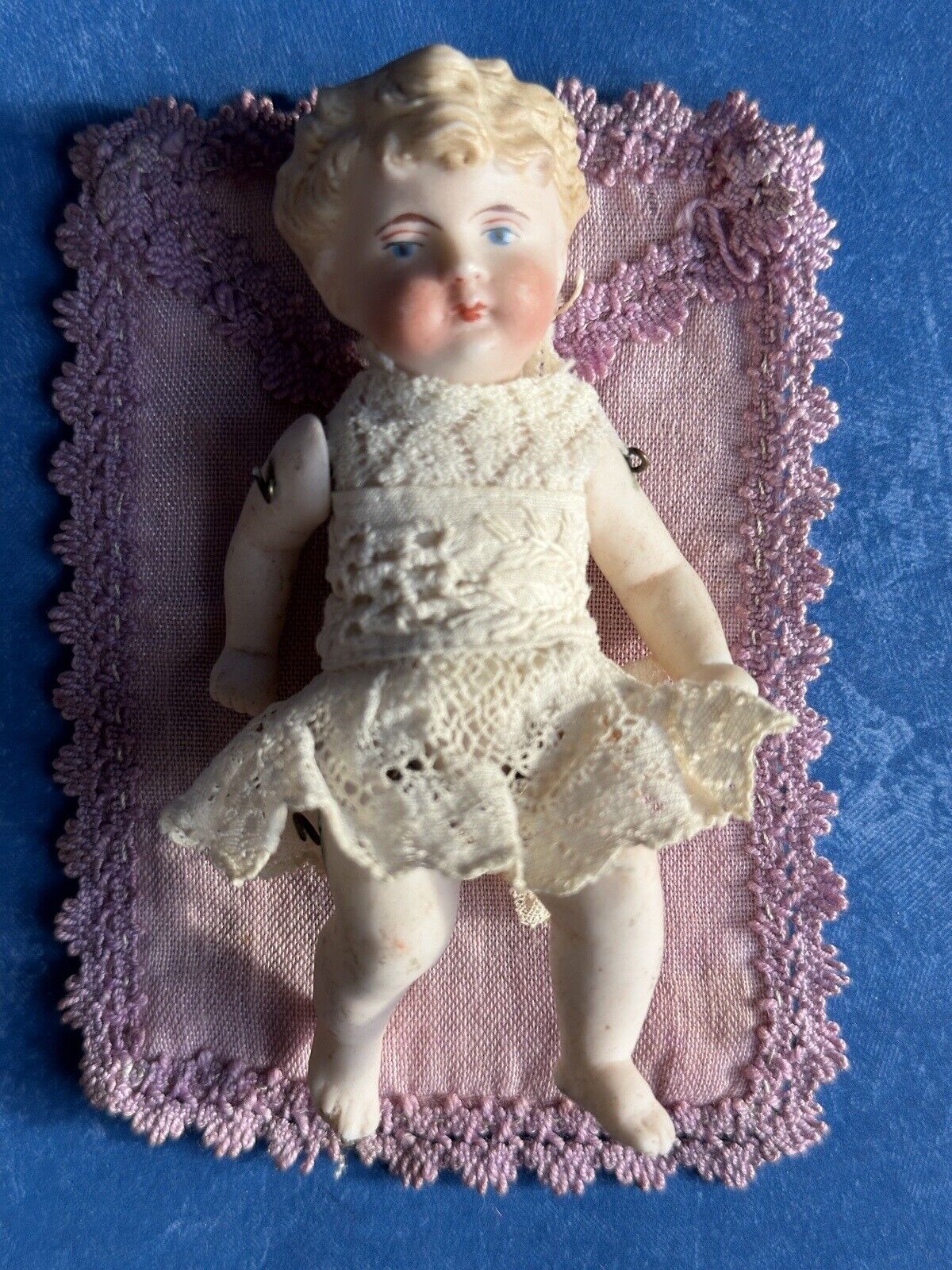 Antique German 3.75” Miniature All Bisque Parian Molded Hair Baby Doll