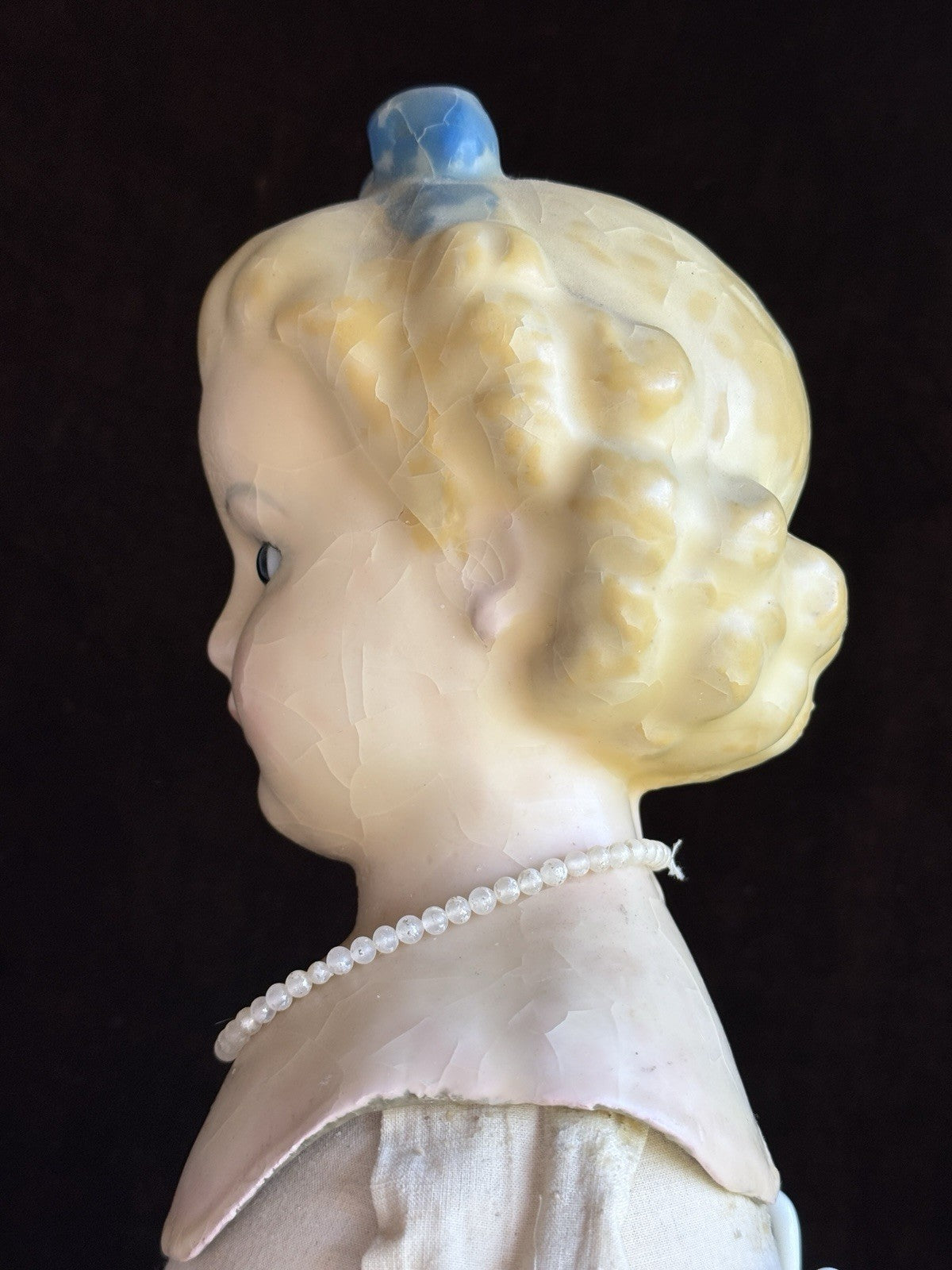 Large Antique German 30” Wax Over Papier Mache Alice Molded Bow Doll