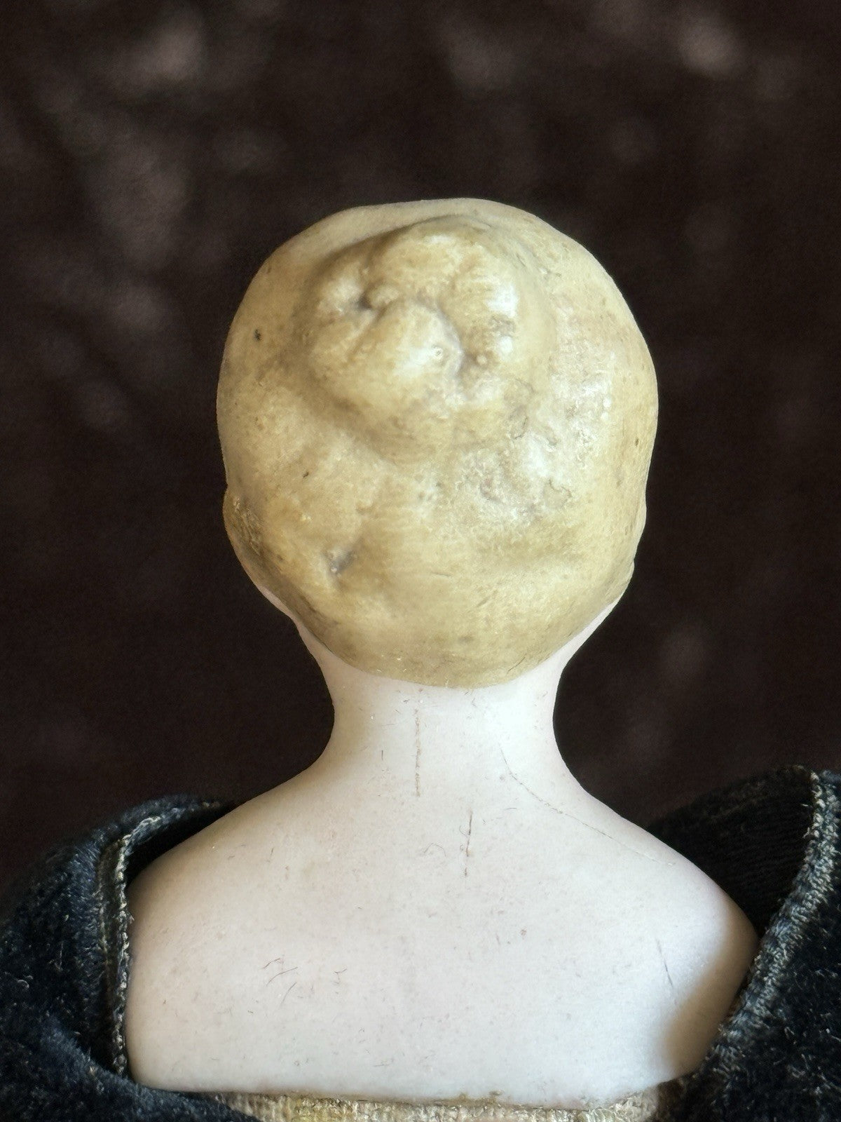 Antique German 5.875” Bisque Cloth Miniature Dollhouse Parian Doll with Bun