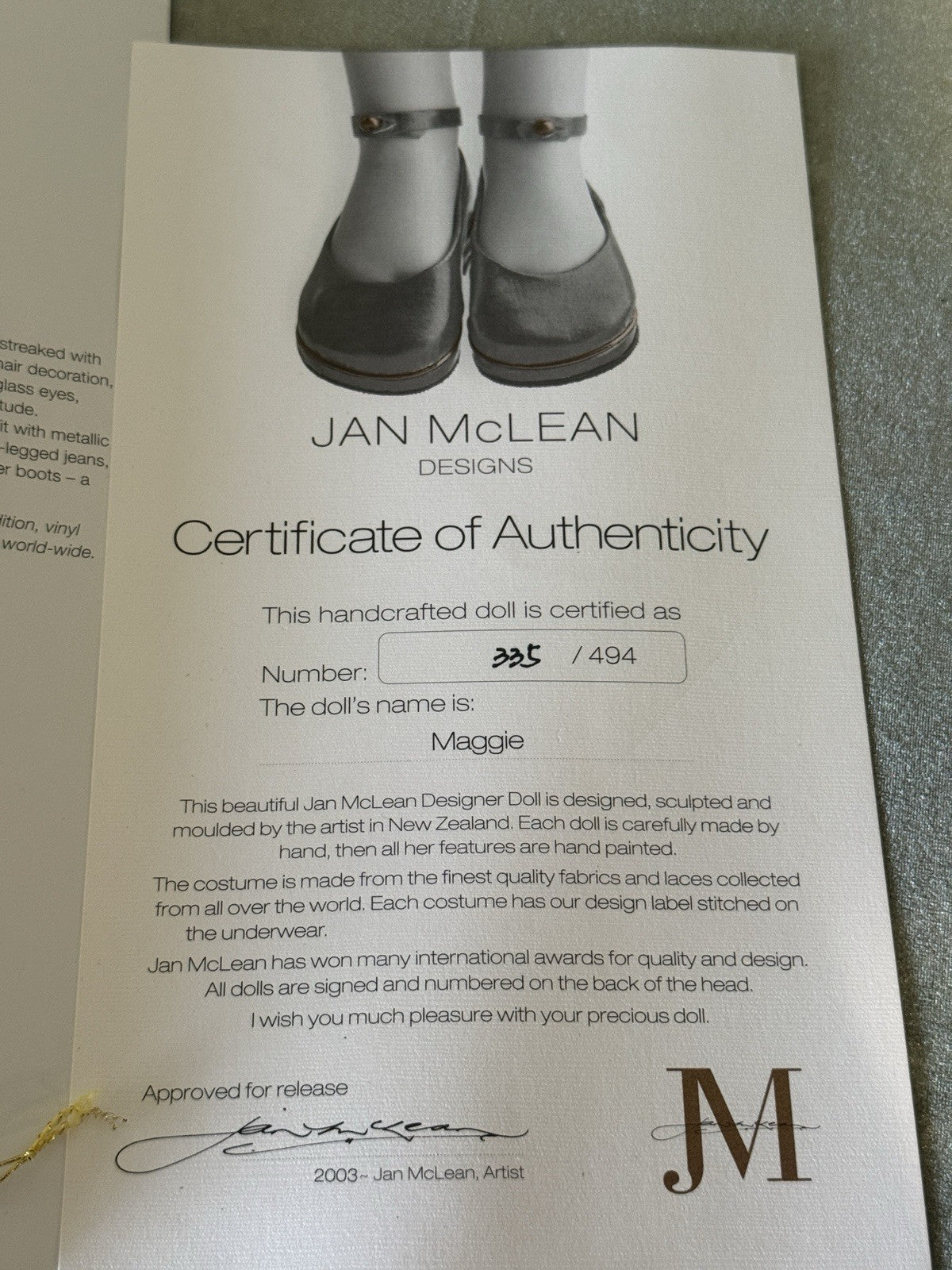 Collectible Artist Vinyl 30” Doll Maggie by Jan Mclean COA/Tag/Stand LE 494