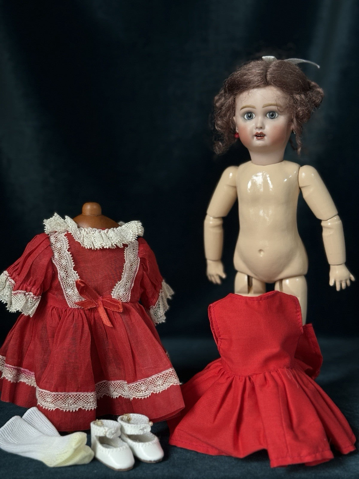 Porcelain/Composition 11” Reproduction of Antique French Bleuette Doll Red Dress