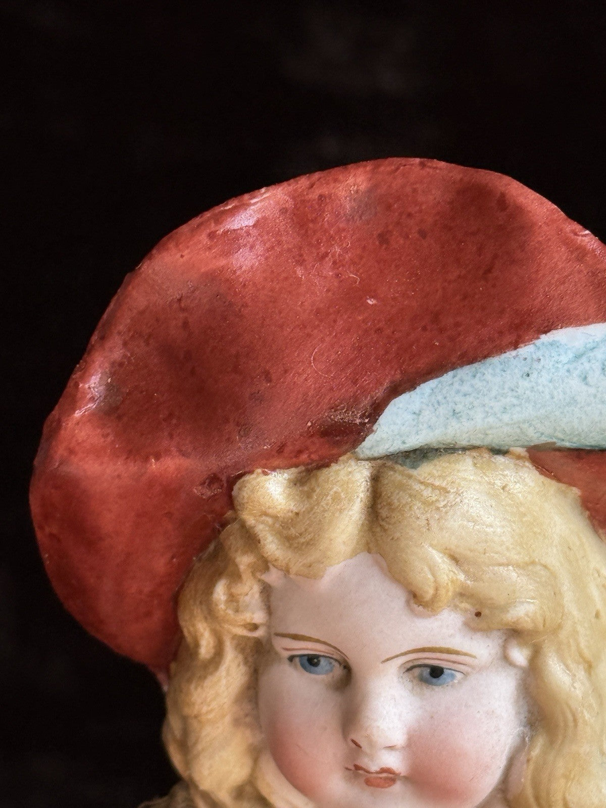 Antique German 7" Hertwig All Bisque Molded Hat Girl Doll
