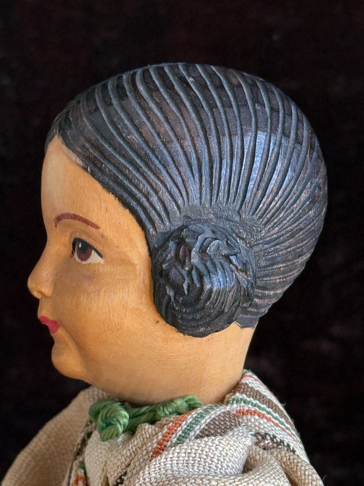 Vintage Swiss 10” Huggler Wood Carved Jointed Girl Doll