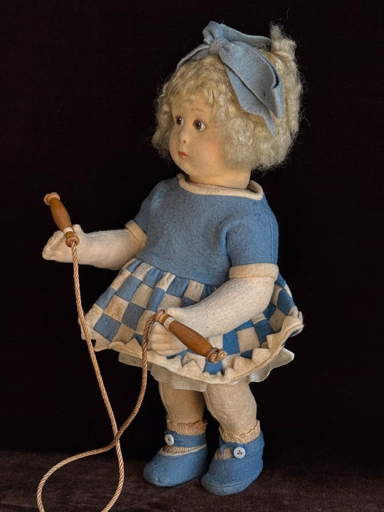Vintage Italian 12” Lenci 111 Felt Cloth Character Girl Doll with Jump Rope