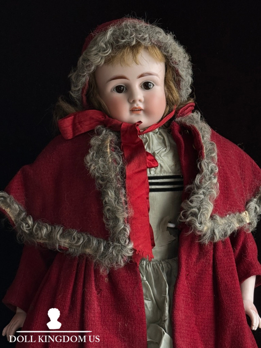 Antique German 23” Early Kestner Turned Bisque Shoulder Head Leather Body Doll