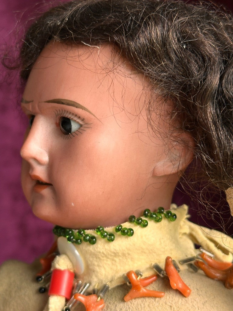 Rare Large Antique German 13” Native American Indian Bisque Head Doll Cloth Body