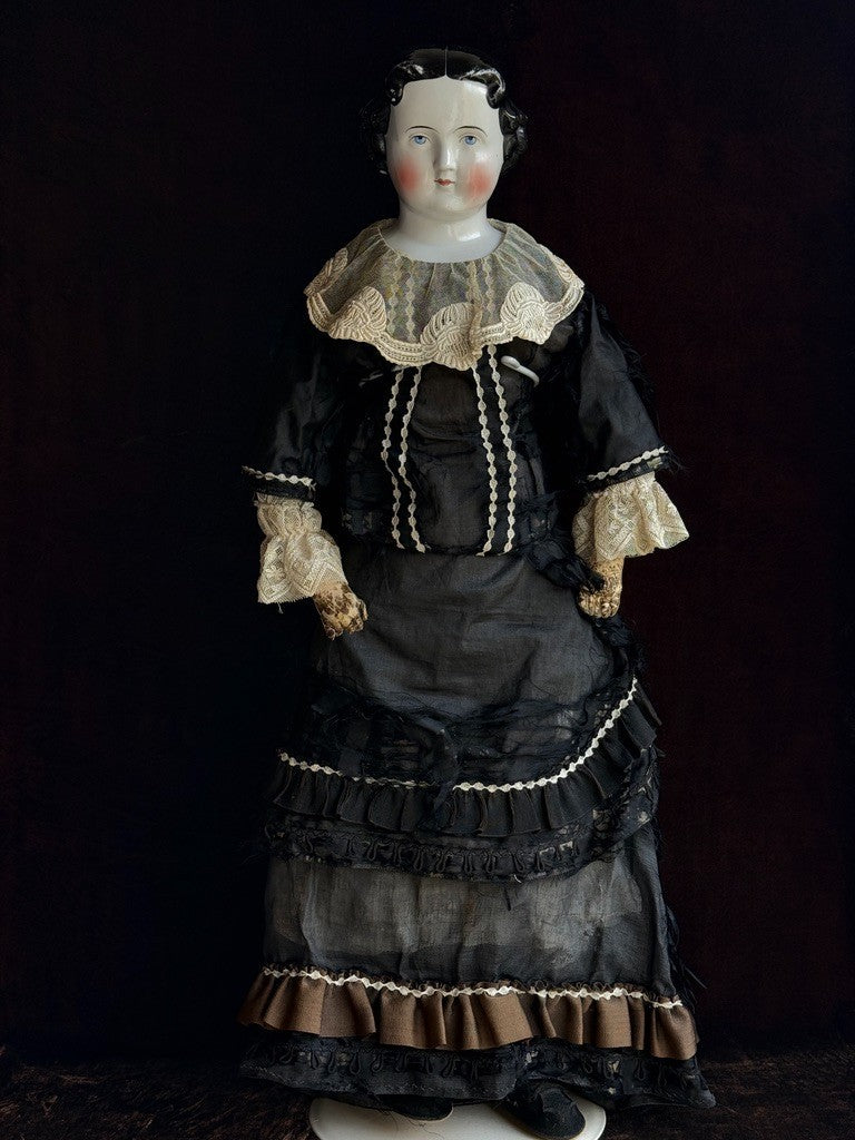 Large Antique German 27” Highbrow Flat Top Brunette China Fashion Doll