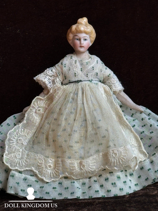 Antique German 5.5” Bisque Cloth Miniature Dollhouse Parian Doll with Bun