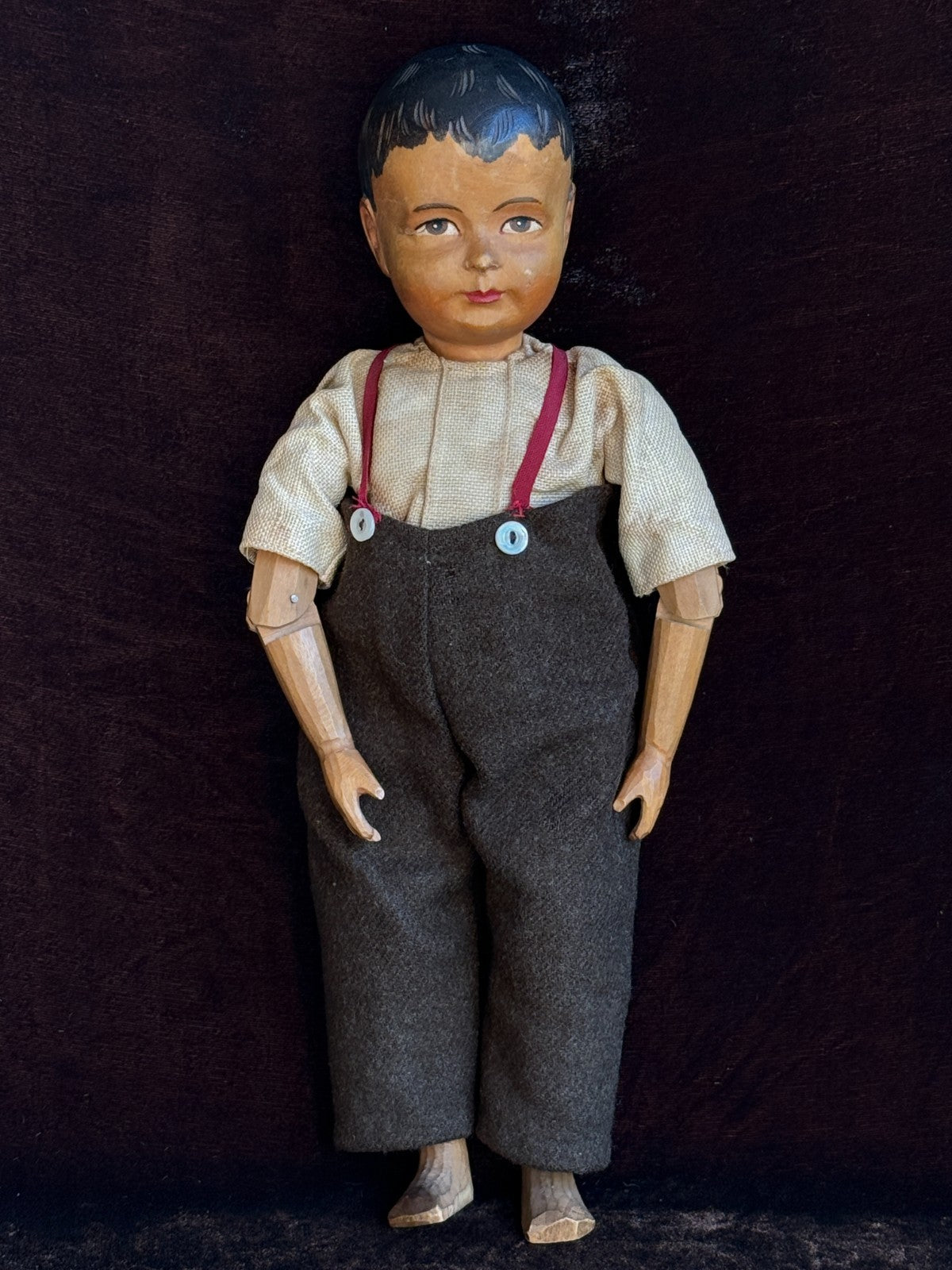 Rare Large Vintage 11” Swiss Huggler Wood Carved Jointed Boy Doll