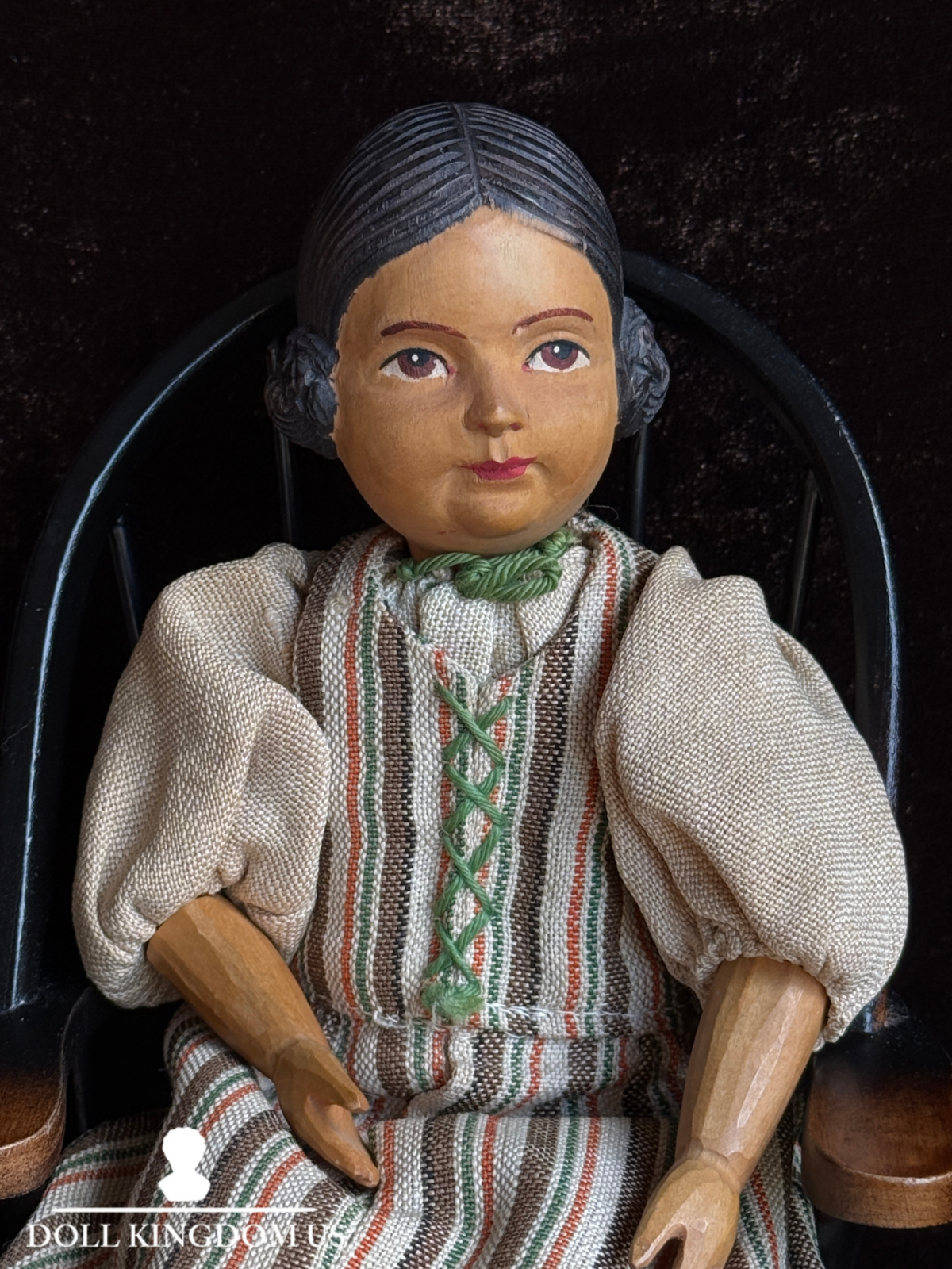 Vintage Swiss 10” Huggler Wood Carved Jointed Girl Doll
