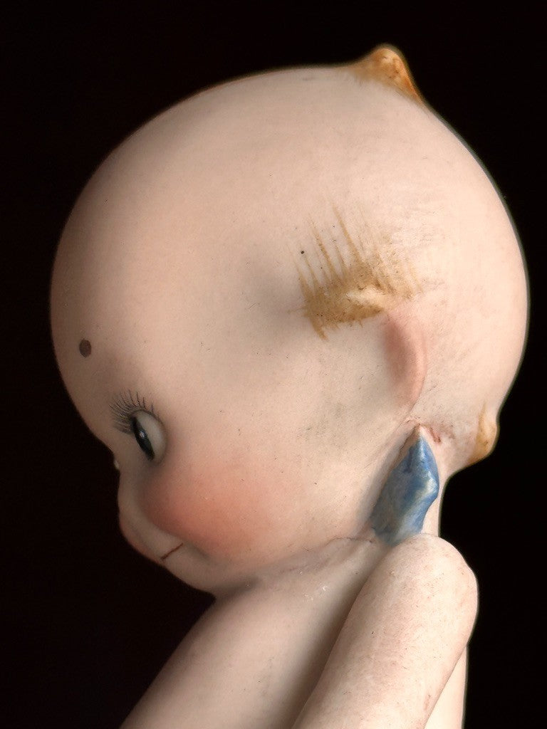 Rare Antique Rose O’Neill All-Bisque 5.125” Kewpie Doll  Blue Wings Jointed Legs