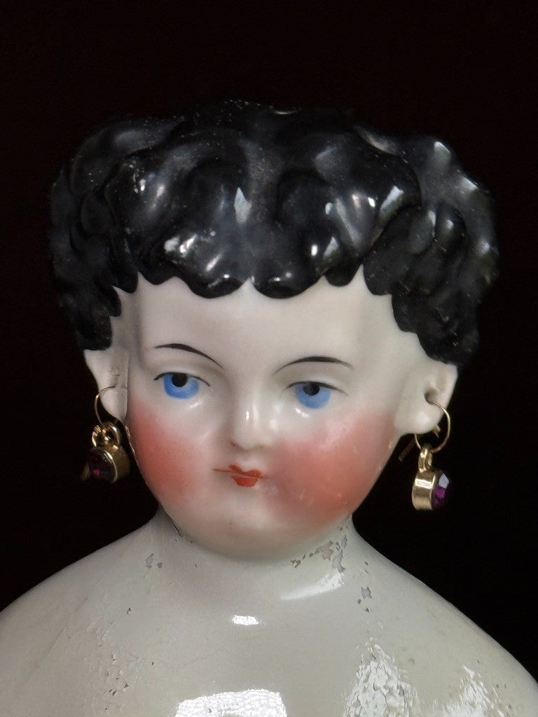 Antique German 14” Young Dagmar Style China Shoulder Head Doll Pierced Ears