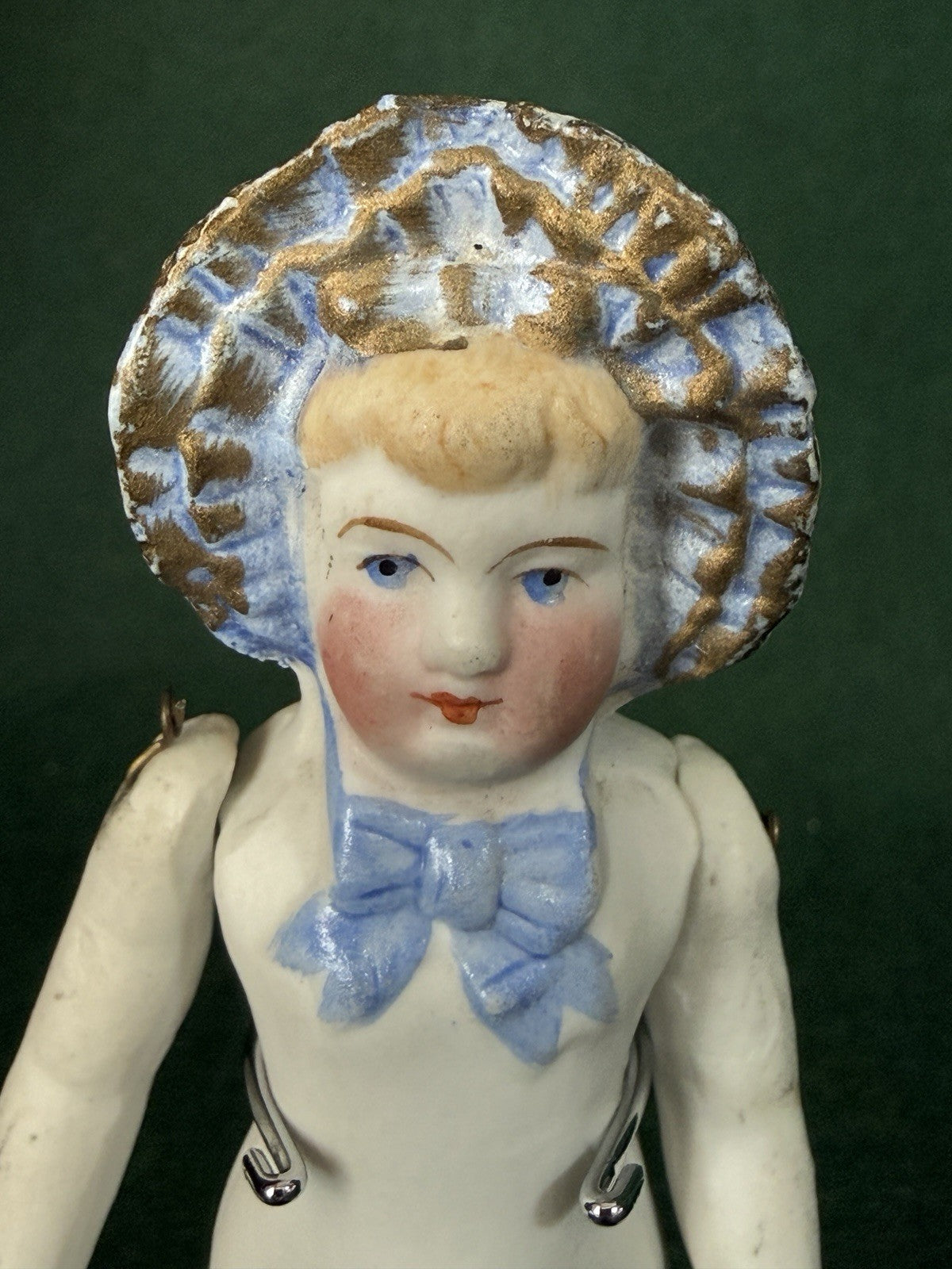 Antique German 4 1/2” Frozen Charlotte Bisque Doll With Molded Bonnet