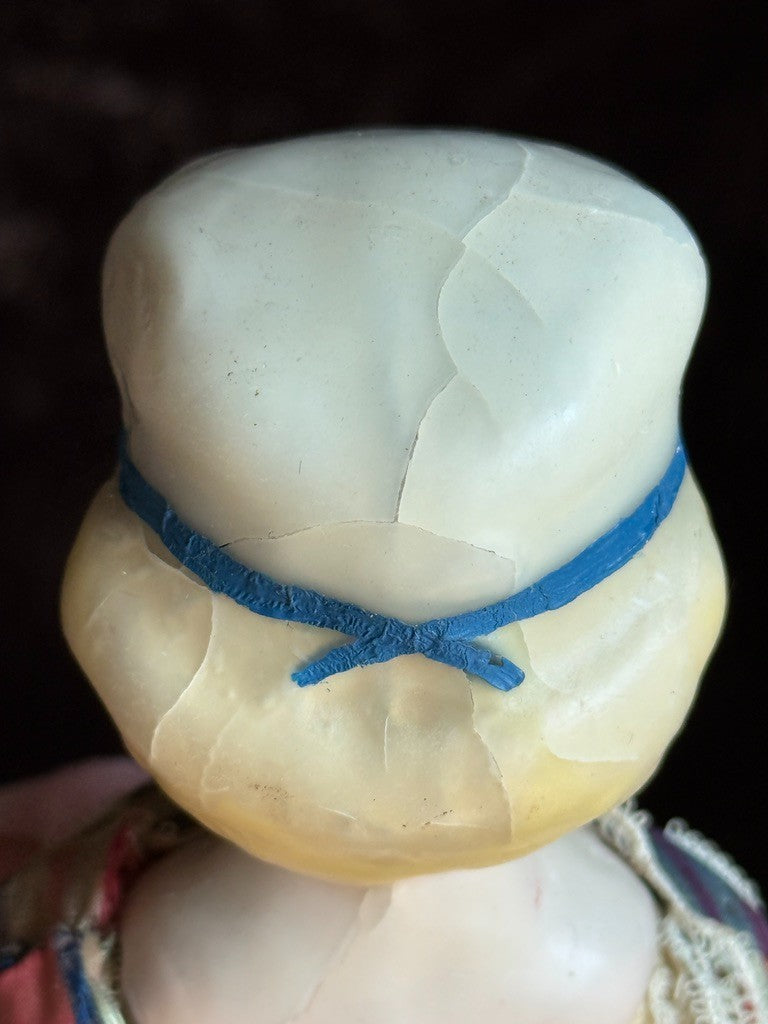 Antique German Cabinet Size 8.25” Wax Over Papier Mache Molded Hat Doll